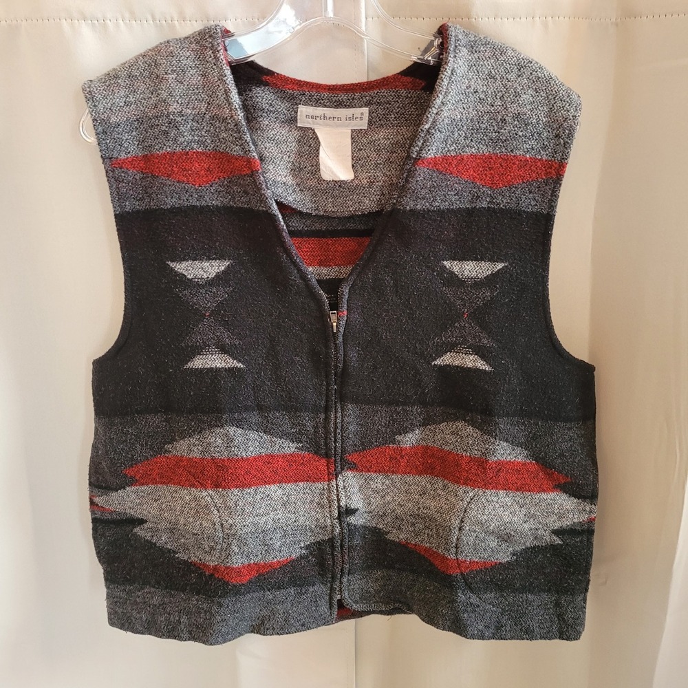 Northern Isles Womens Zip Up Vest Large Wool Blend Southwest Geometric 21825